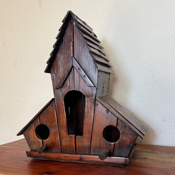 Handmade Rustic Stained Wooden Birdhouse With Tray Three Hole - Picture 2 of 13